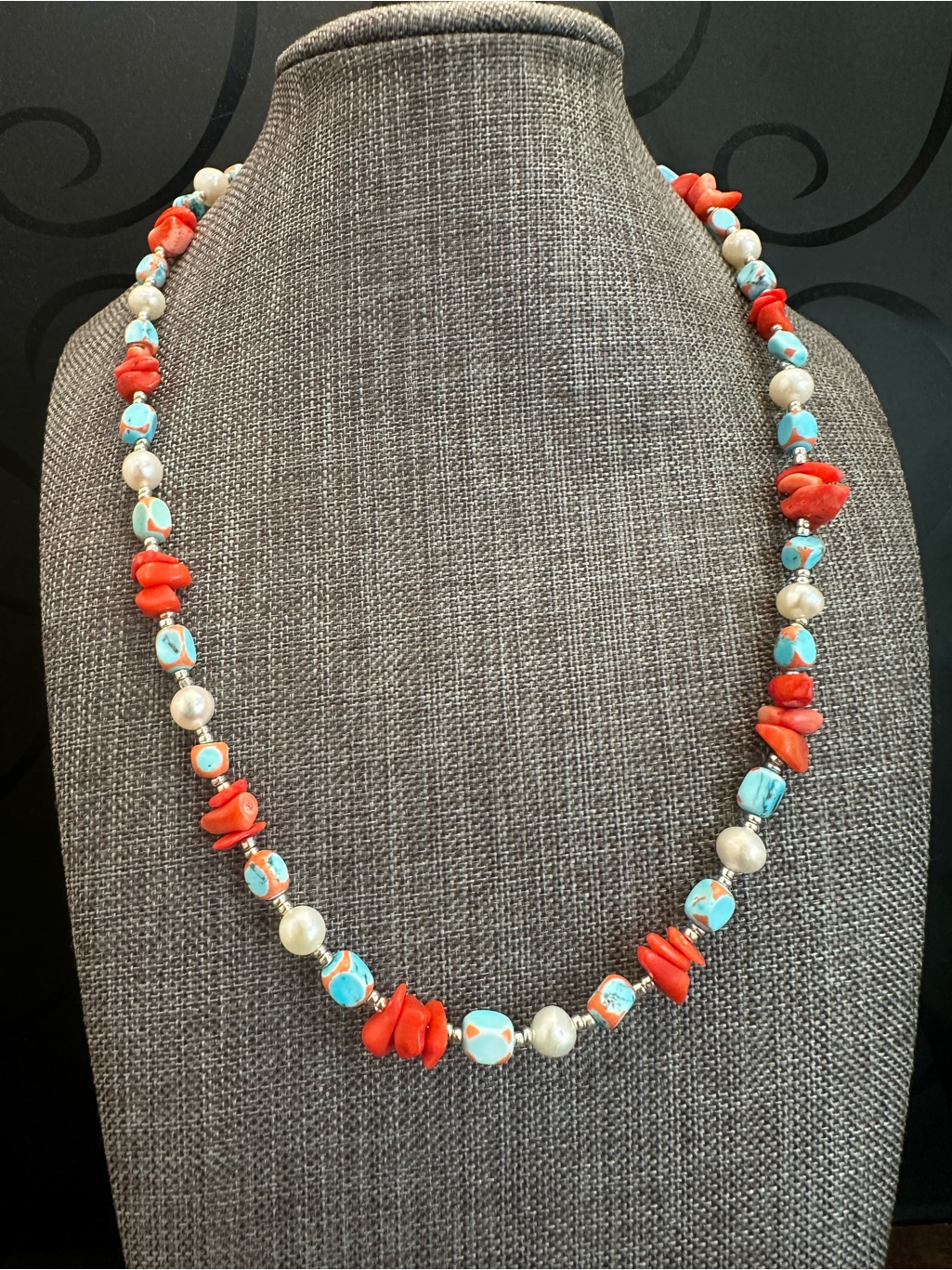 Turquoise & Orange Coral Beaded Women’s Necklace - Pearl Accent